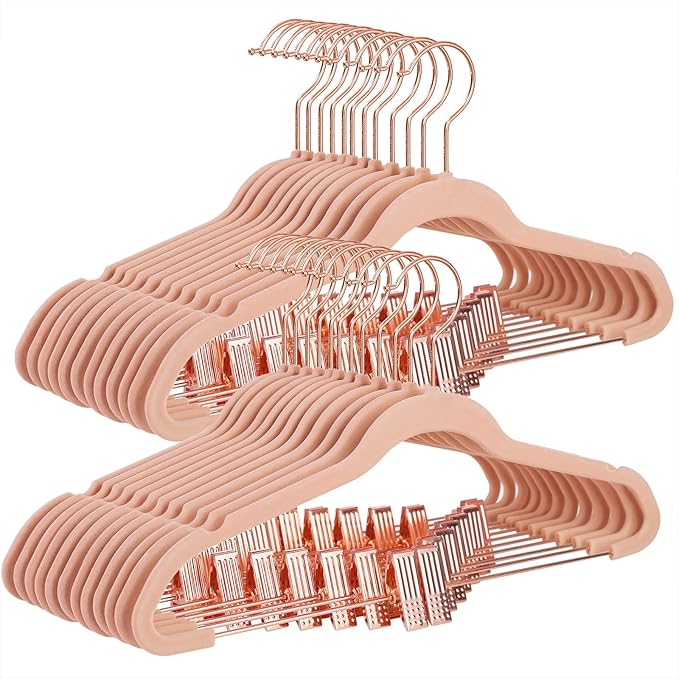SONGMICS 24 Pack Pants Hangers, 16.7 Inch Coat Hangers with Rose Gold Colored Movable Clips, Heavy-Duty, Non-Slip, Space-Saving, for Pants, Skirts, Dresses, Light Pink UCRF14PK24