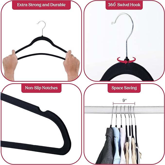 LDC Black Velvet Hangers 30 Pack - Premium Non-Slip Clothes Coat Pants Felt Hanger for Closet - Heavy Duty Space Saving 360° Swivel Hook Hangars - Black