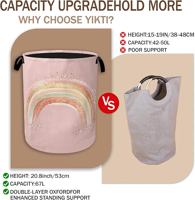 Glitter Rainbow Laundry Hamper,Girls Princess Pink Clothes Hamper for Laundry,Waterproof Oxford Toy Storage Collapsible Hampers for Bedroom, Dorm Room,Bathroom,16x20 Inch