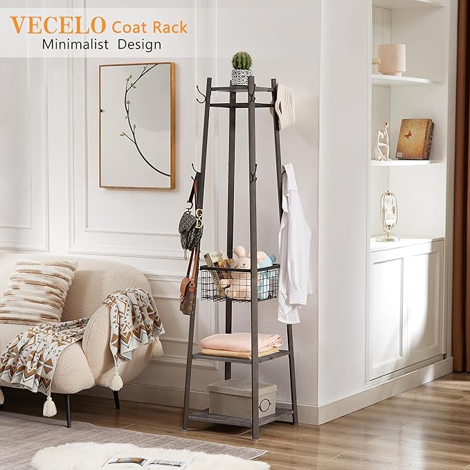 VECELO Coat Rack Freestanding,Hall Tree with Metal Basket and Storage Shelves,Industrial Coat Rack Stand with 8 Hooks for Hanging Coats/Hats/Bags/Umbrellas,18 x 18 x 72 In,Antique Brown
