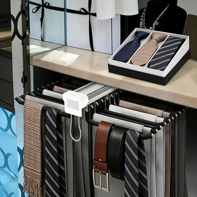 22 Arms Steel Slide Out Pants Rack Closet Pants Hanger Bar Pull Out Trousers Rack Tie Belts Scarf Racks, Top Mounted Wardrobe Clothes Organizers Rail Pull Out Closet Storage Rod-Black