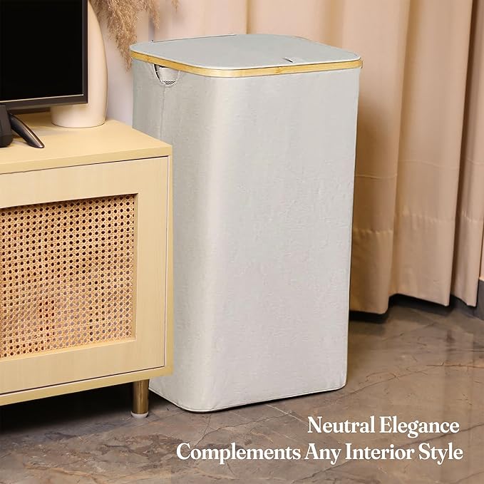 Fine Living 100L Large Laundry Hamper with Lid, Narrow Foldable Slim Laundry Basket with Bamboo Handles, Skinny Tall Dirty Clothes Hamper for Dorm, Bathroom & Bedroom, Ivory