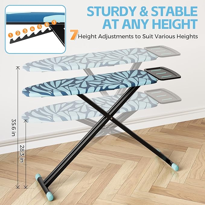 APEXCHASER Ironing Board Full Size, Iron Board and Ironing Board Set Height Adjustable, Foldable Ironing Boards Standard Size, Iron Table Stand with Anti-Skid Legs and Iron Rest, 13" x 43" Blue