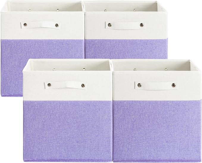 13 x 13 Inch Fine Linen Storage Bins with Handles，Fabric Cube Boxs，Basket Organizers for Shelves for Home, Closet Drawers (White/Purple-4 Pack)