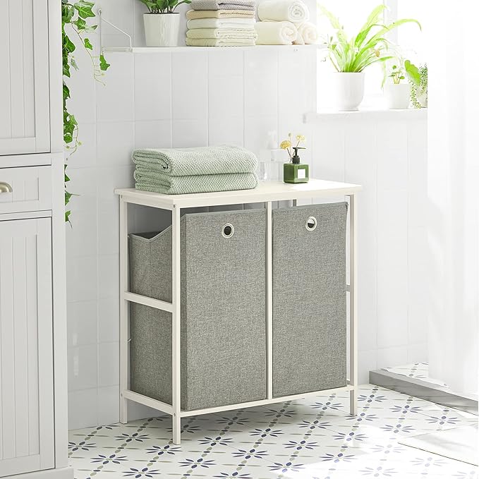 Haotian Laundry Hamper with Shelf, Laundry Basket, Laundry Sorter with 2 Pull-Out and Removable Bags for Laundry Room Bathroom Storing Rack Simple Design, BZR57-W