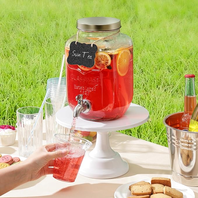1 Gallon Drink Dispenser with Spigot 18/8 Stainless Steel – Airtight & Leakproof Glass Sun Tea Jar with Anti-Rust Lids, Beverage Dispenser for Parties - Laundry Detergent Holder (Pack of 2)