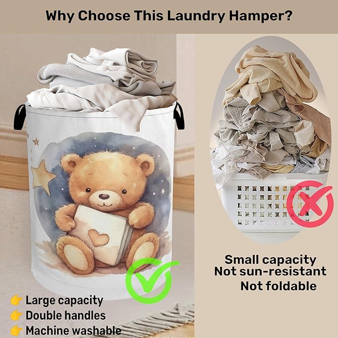 Cute Bear Good Night Foldable Canvas Laundry Basket with Handles - Toy Organizer, Heavy Duty for Home，Bedroom, Dorm, Bathroom