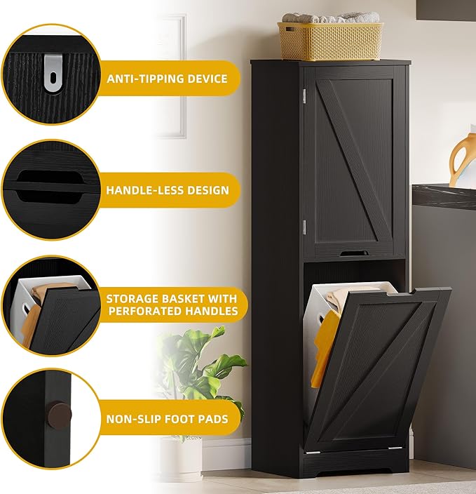 DWVO Tilt Out Laundry Hamper - 53" Tall Bathroom Storage Cabinet Laundry Cabinet with Adjustable Shelves and Clothes Basket, Laundry Hamper Shelf for Laundry Room Bathroom Organizer, Black