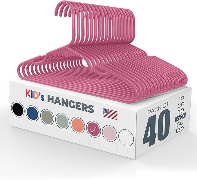 Neaties Plastic 12” Kids Hangers 40 Pack – Made in The USA – 5lb Capacity Baby & Toddler Clothes Hangers with Notches & Reinforced Edges – Fits Children’s Sizes Up to 8 – Pink