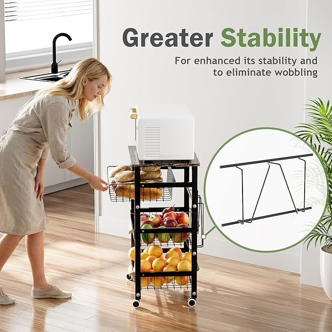 JAQ Fruit Vegetables Carts, 4-Tier Slide Out Metal Storage Baskets Stand Organizers with Wood Top and Handle on Rolling Wheels for Onions in Kitchen Pantry Fruteros para Cocina -(Black, 4 Layer)