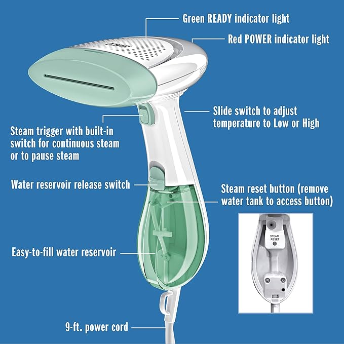 Conair Handheld Garment Steamer for Clothes, ExtremeSteam 1200W, Portable Handheld Design,White/Light Green