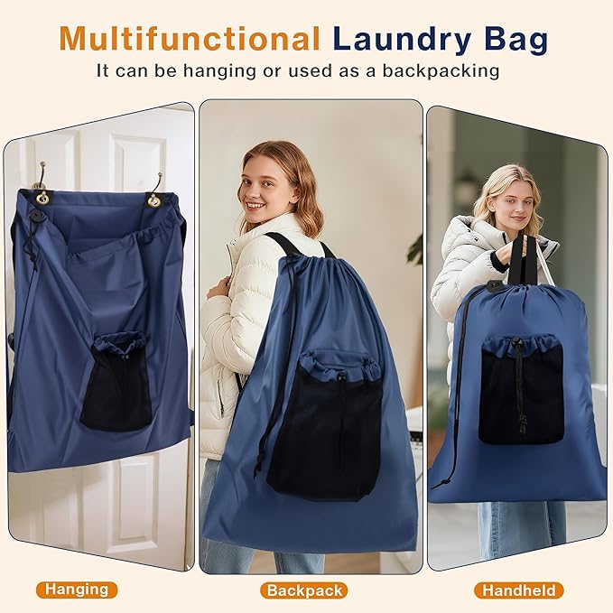 2-Pack Backpack Laundry Bags, Heavy Duty Laundry Bag Backpacks with Adjustable Shoulder Straps, Door Hanging Washing Bag, Laundry Hamper Lining for College Dorm, Travel, Laundromat