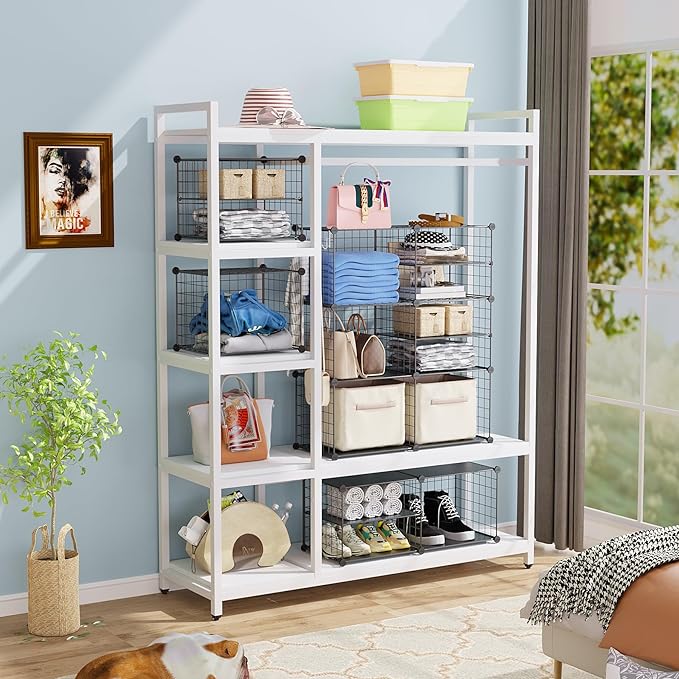 C&AHOME Wire Cube Storage Unit, Interlocking Metal Wire Organizer with Divider Design, Modular Cabinet with Plastic Panels, Bookshelf Stackable Closet Organizer with Small Hooks, Black UWCSIM08B