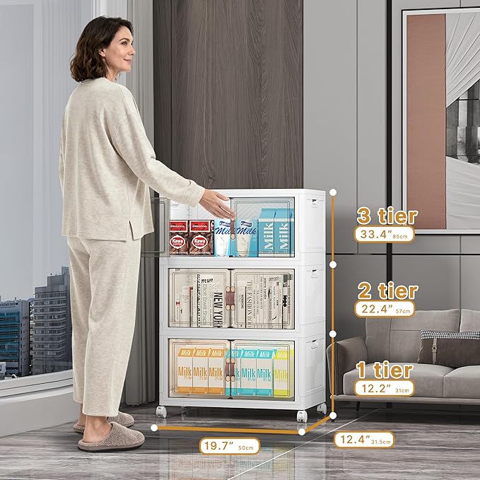 Extra Large Stackable Storage Bins, Lockable Storage Bins with Lids, Folding Storage box with Doors and Wheels, Collapsible Plastic Drawers for Home, Garage, Office (6, White, Medium)