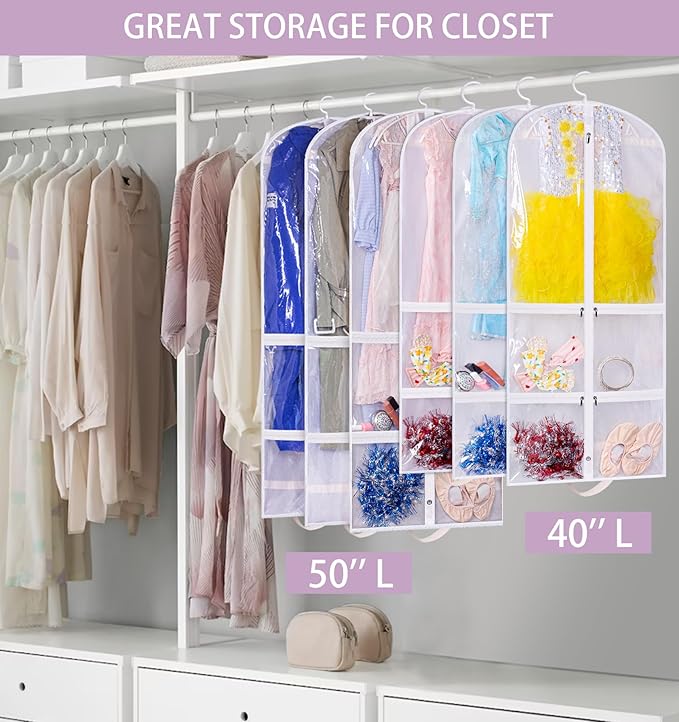 SLEEPING LAMB Clear Garment Bag for Dance Costume Kids 50 Inch Hanging Clothes Cover for Closet Storage With 4 Large Zipper Pockets for Ballet, Theatre, Competitions, 3 Packs, White