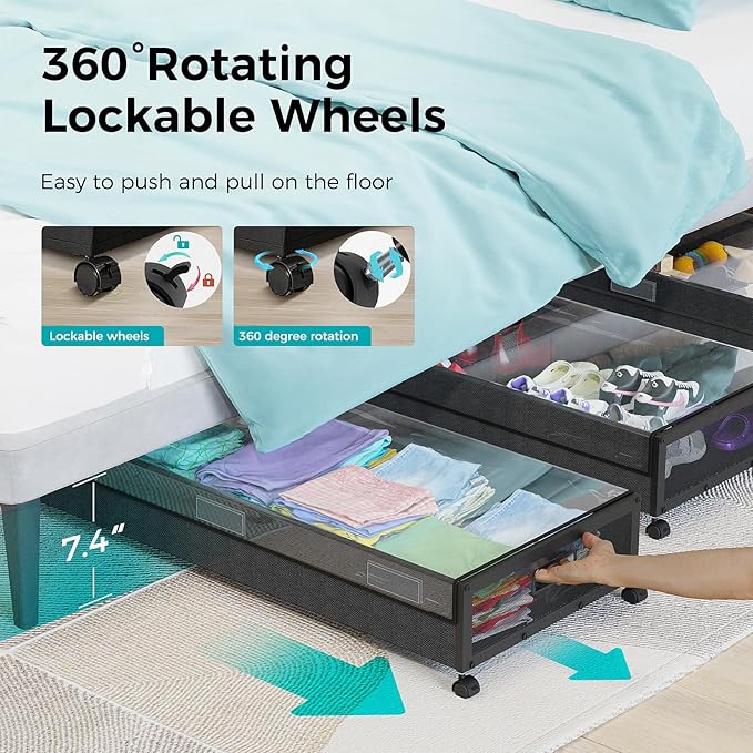 oylik Large Under Bed Storage with Wheels, Metal Under Bed Storage Containers with Clear Lid, Handle, Rolling Under Bed Shoe Storage Drawers, Under Bed Storage Bins for Clothes Shoes Books, 2 Pack