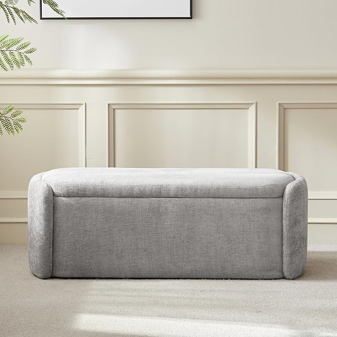 VKNOW Oval Storage Ottoman Bench, 46" Upholstered End of Bed Bench Ottomans Bench Foot Rest, Sherpa Storage Bench for Bedroom, Living Room and Hallway, Light Grey