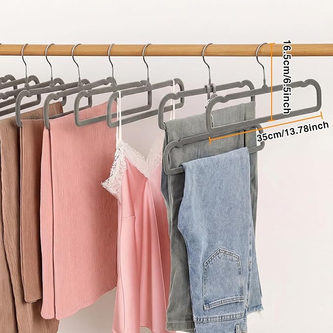 60sets/120pcs Velvet Pants Hangers Non Slip Grey Felt Hangers with 60 Cascading Hooks, Space Saving 360 Degree Swivel Hook Closet Organizer for Jeans, Trousers, Leggings, Tank Top, Shorts and Skirts