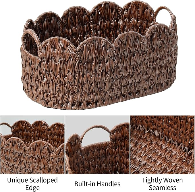 Wicker Scalloped Basket Set of 2,Woven Storage Baskets for Shelves,Closet,Laundry,Gift,Towels,Books,Toys,Waterproof Cute Decor Basket for Organizing,Brown