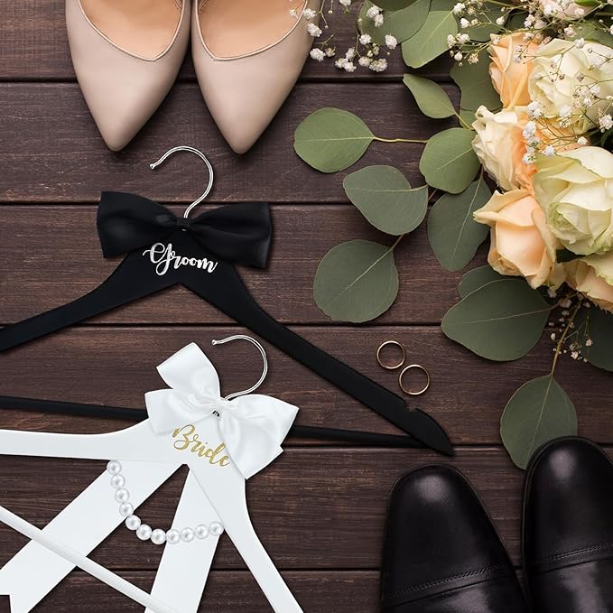 2 Pack Bride and Groom Wedding Hanger Set with Ribbon Bow Wooden Dress Suit Hanger Gift for Wedding Bridal Party Photo Decor(Black and White,Classic)