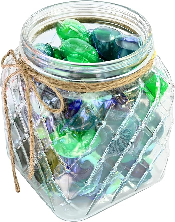 Skywin TidyFriend Glass Laundry Pods Container, Laundry Containers with Lid, Laundry Room Organization Jars, Dishwasher Pods Container, Laundry Jars (Clear) (Jar with Ropes and Wooden Lid)
