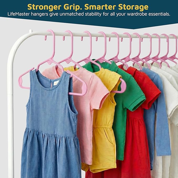 Lifemaster Plastic Kids Clothes Hangers – Children Clothes Hanger with Shoulder Notch, 11.6 Inch Space-Saving Closet Organizer for Baby, Toddler, and Kids Clothing, Hold Up to 5 lbs, Pack of 10, Pink