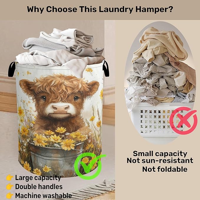 Cute Highland Cow Flower Foldable Canvas Laundry Basket with Handles - Storage Organizer, Heavy Duty for Home，Bedroom, Dorm, Bathroom