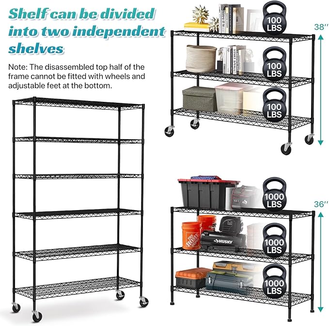 6-Tier Heavy Duty Wire Shelving Unit with Wheels or Leveling Feet, 6000 LBS Total Capacity, Adjustable Metal Storage Rack for Garage, Pantry, Kitchen, Basement, 48" W x 18" D x 76" H, Black
