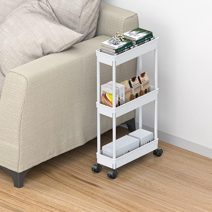 Sooyee 3 Tier Rolling Cart with Wheels,Slim Storage Cart,Under Desk Narrow Rolling Utility Cart Storage Organizer for Office Bathroom Kitchen Laundry Room Narrow Places, White