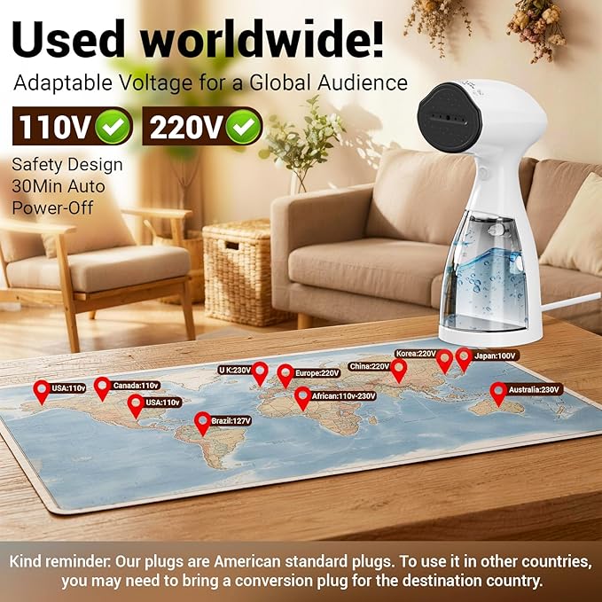 Handheld Steamer for Clothes Wrinkle Removes,110V to 220V Garment Steamer for Multiple Countries,1000W,Large Water Tank 450 ML,10 FT Power Cord,35s Fast Heating,30Min Auto Power-Off Safety Design