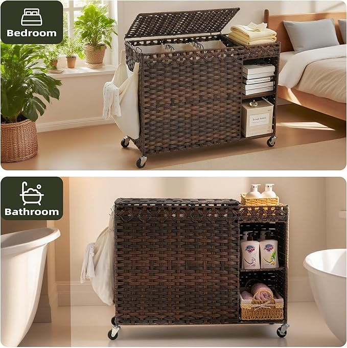 Laundry Hamper with Lid, 160L Rattan Wicker Laundry Basket with Wheels, Handwoven Laundry Hamper 3-Section with Storage shelf(42.3 Gal), Laundry Sorter Basket with Removable Liner,Brown HLH033BR