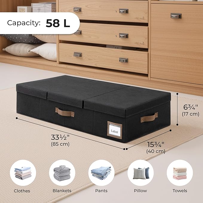 Cupic Cupid 6.5" Foldable Underbed Storage Box with Lid, 58L Standard Under Bed Storage Containers with Reinforced Bottom for Bedroom Closet Organization, Sturdy Clothes & Shoe Organizer,2 Pack,Black