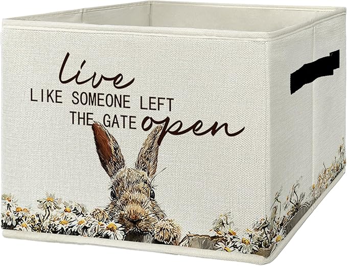 Rustic Bunny Storage Bins & Boxes with Handles, Farmhouse Rabbit Foldable Basket for Organizing, Live Like Someone Left the Gate Open Collapsible Storage Basket for Bedroom Bathroom Clothes Toys