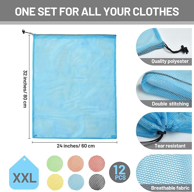 Berlune 12 Pcs 32 x 24 in Large Laundry Bags, Wash Bag with Drawstring Closure, Durable and Machine Washable, 60 Gsm Fine Mesh Zipper Design for Clothing Classification Dorms, Laundromats