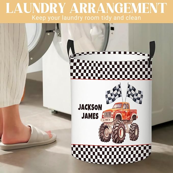 Personalized Truck Laundry Basket, Custom Laundry Hamper With Name Gifts For Kids Baby Adults, Collapsible Dirty Clothes Storage Organizer With Handles S 16.5 X 13.8in