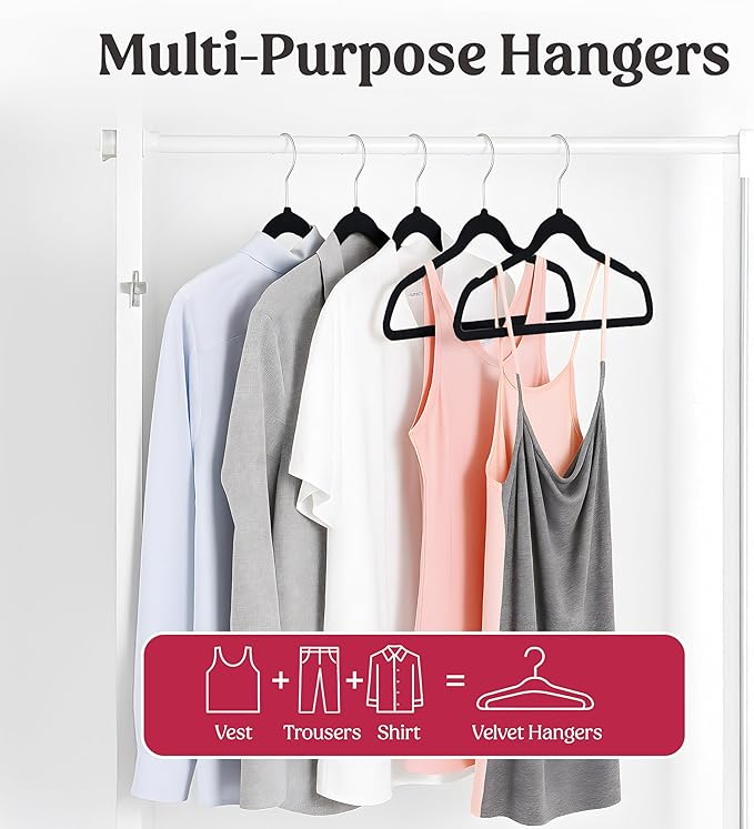 LDC Black Velvet Hangers 50 Pack - Premium Non-Slip Clothes Coat Pants Felt Hanger for Closet - Heavy Duty Space Saving 360° Swivel Hook Hangars - Black
