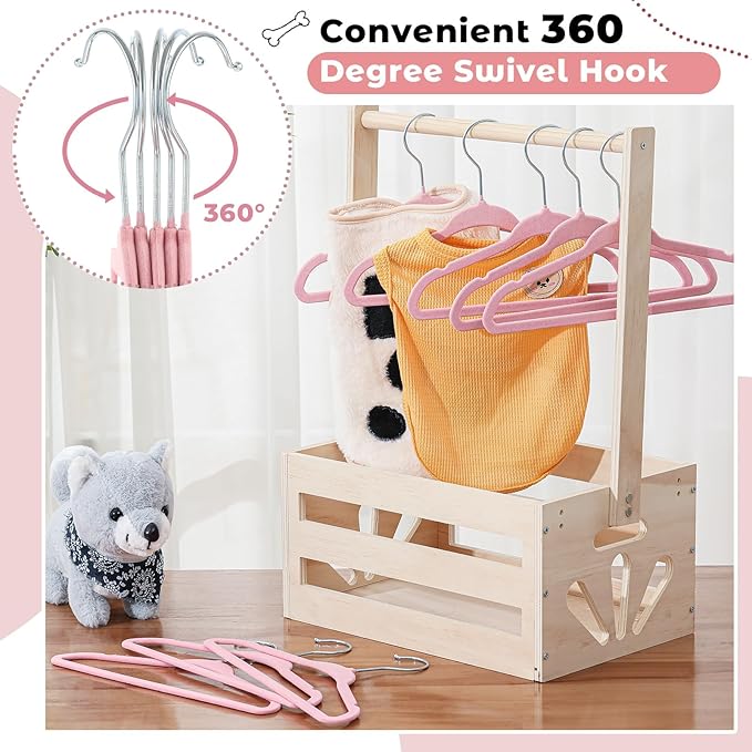 Weysat 24 Pcs Dog Clothes Hangers 11'' Non-Slip & 360° Swivel Velvet Small Pet Pink Hangers for Cats/Dogs with Rustproof Metal Hooks, Space-Saving for Home Storage & Grooming Salons Minimalism