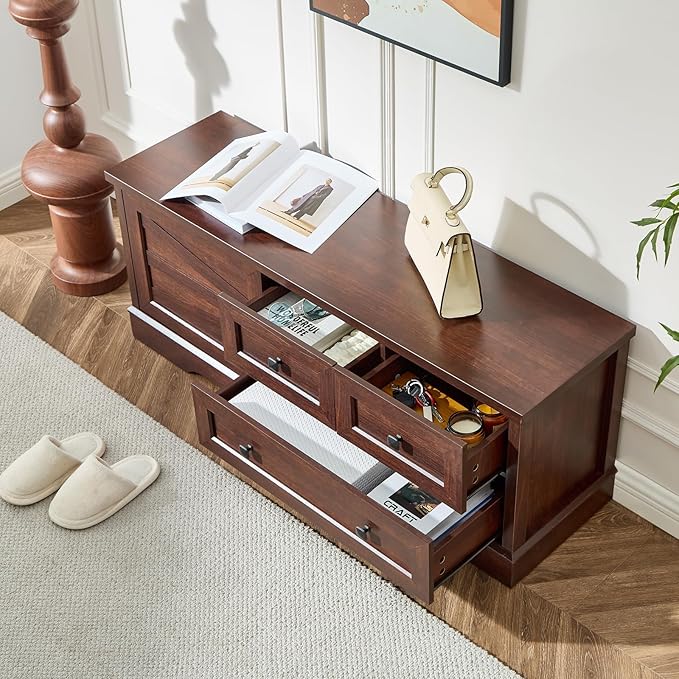 SOOWERY 48 Inch Cherry Wood End of Bed Storage Bench, Farmhouse Bed Bench with Drawers and Cabinet, Rustic Shoe Storage Bench for Entryway, Bedroom, Living Room