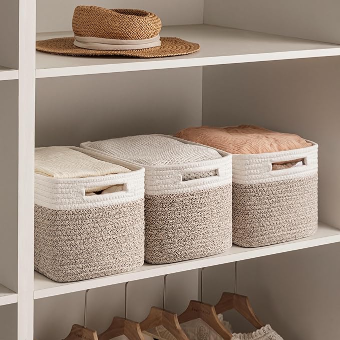 UBBCARE 2 Pack Storage Baskets for Shelves, Baskets for Organizing, Cube Shelf Storage Bin with Handles, Woven Storage Basket, 13"L x 9"W x 7.5"H, White&Light Brown