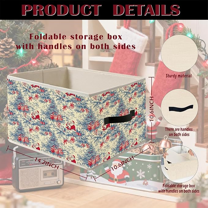 Red and Blue Chinoiserie Christmas Santa Storage Bin Box with Handles, Grandmillennial Xmas Tree Winter Holiday Foldable Organizer Basket Toybox for Home Bedroom Bathroom Clothes Toys Books