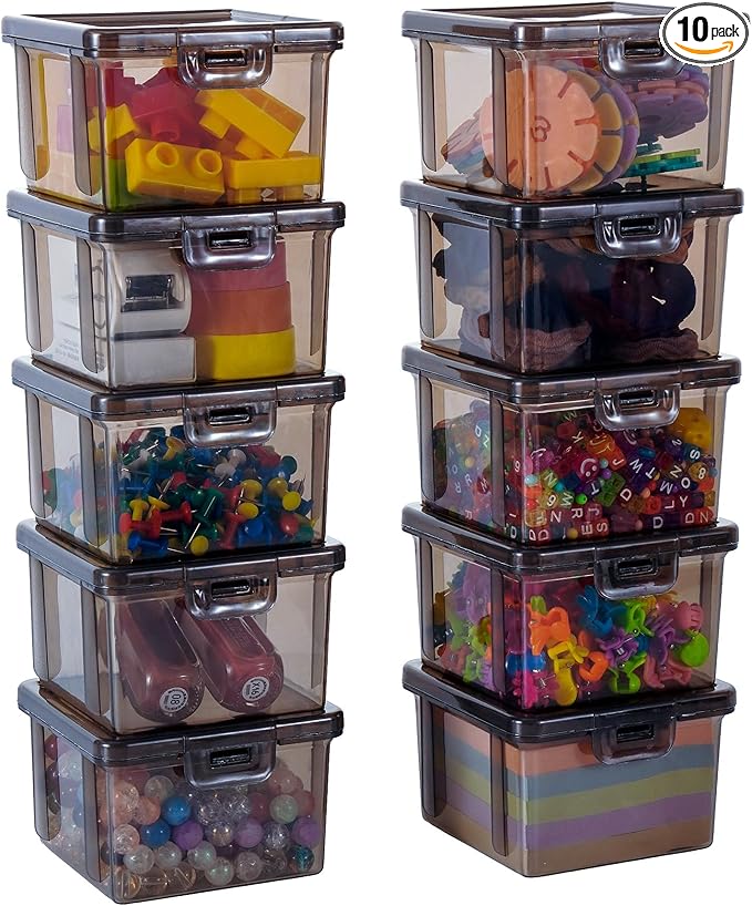 10-Pack Small Plastic Containers with Lids, Clear Stackable Storage Boxes & Bins Organizer for Bead Organizer, Craft Storage, Stickers, Jewelry & Small Items – Black Square Small