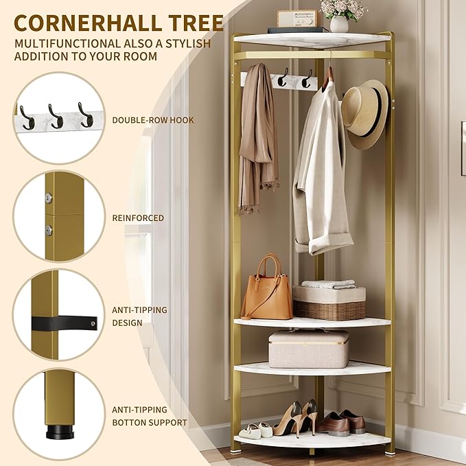 GarveeHome Corner Coat Rack with Shoe Bench Entryway, Corner Hall Tree with 6 Double Hooks, Corner Clothes Rack with Storage Corner Tree with Organizer Shoe Bench Shelf for Entryway, Hallway, Closet
