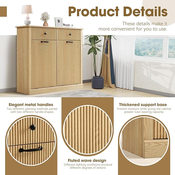 Grepatio Double Laundry Hamper, Tilt Out Laundry Hamper Cabinet, Fluted 22 Gallon Hidden Trash Can, Wooden Garbage Can Cabinet with 2 Drawer, Free Standing for Bathroom, Kitchen (Natural, Double)