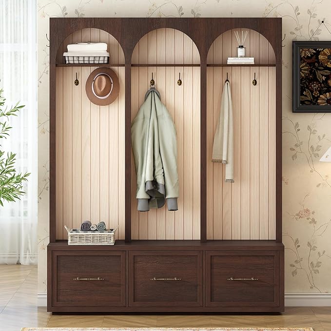Farmhouse Hall Tree with Three Arched Design, All-in-One Design Wooden Coat Rack & Shoe Organizer with 3 Drawers, 59" Wide Entryway Bench with 8 Retro Hooks for Mudroom, Living Room (Dark Walnut//538)