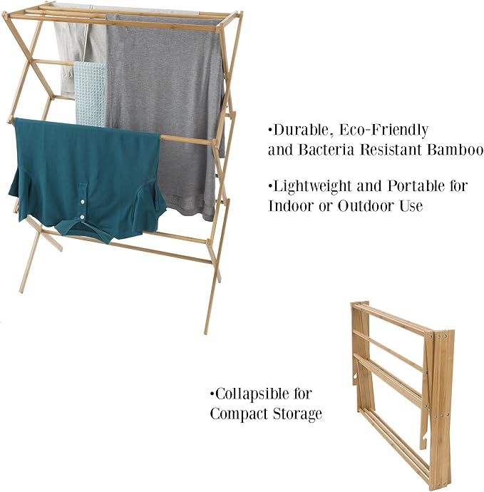 Bamboo Clothes Drying Rack - Collapsible and Compact for Indoor/Outdoor Use - Portable Wooden Rack for Hanging and Air-Drying Laundry by Lavish Home