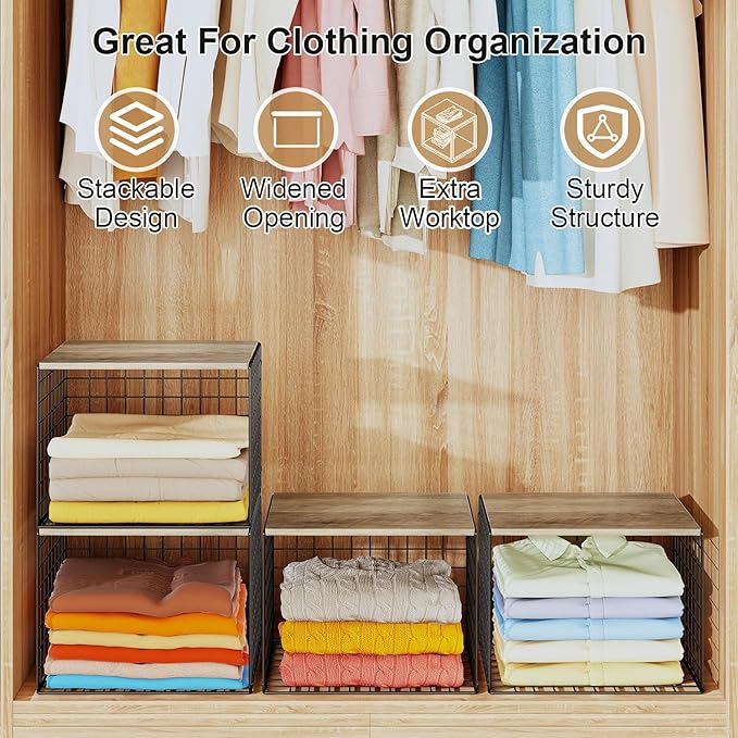 6 Pack Closet Organizers And Storage, Stackable Closet Shelf Organizer Storage Bin Basket For Clothes Sweaters With Top Board, Widened Opening, Heightened Height, Large Capacity, Sturdy, Space-saver
