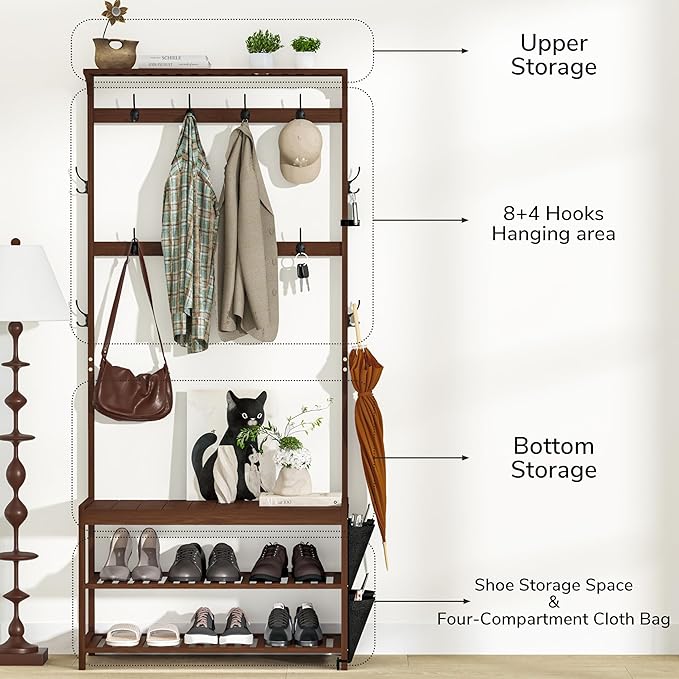 AMBIRD Hall Tree with bench and shoe storage, Entryway Bench with shoe storage, 6-in-1 Coat Rack with Cloth Bag and 12 Coat Hooks, Sturdy Bamboo Frame, Brown 31 * 15 * 70 Inches