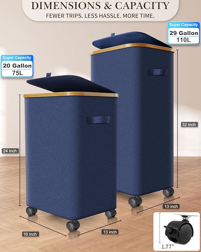 Laundry Hamper with Wheels, 110L Large Clothes Hamper with Removable Inner Bag, Collapsible Dirty Clothes Basket for Dorm, Rolling Dirty Clothes Basket for, Bedroom, Bathroom, Laundry Room