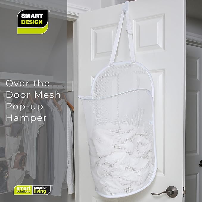 Smart Design Deluxe Mesh Over The Door Pop Up Hamper w/ Hook & Adjustable Strap - VentilAir Mesh Material - for Laundry & Clothes - Home - (Holds 3 Loads) (17 x 28 Inch) [White]