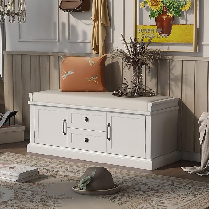 Knocbel 42.5" Entry Storage Bench with Removable Cushion, 2 Drawers and 2 Cabinets, Entryway Hallway Foyer Shoe Bench End of Bed Bench with Aluminum Handles, 200lbs Weight Capacity (White)